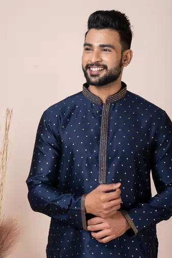Blue Solid Jacquard Kurta Set For Men