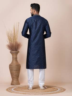 Blue Solid Jacquard Kurta Set For Men 6