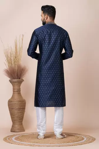 Blue Solid Jacquard Kurta Set For Men
