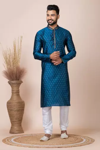 Green Solid Jacquard Kurta Set For Men