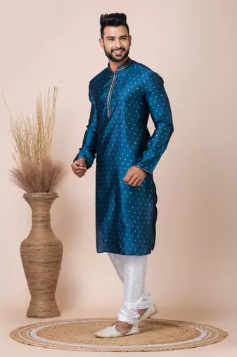 Green Solid Jacquard Kurta Set For Men