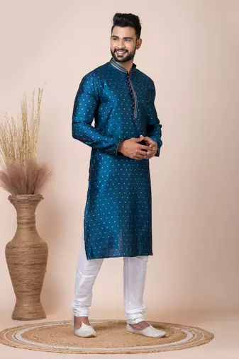 Green Solid Jacquard Kurta Set For Men