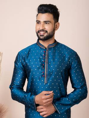Green Solid Jacquard Kurta Set For Men 5