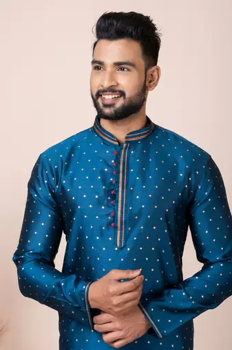 Green Solid Jacquard Kurta Set For Men