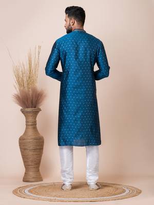 Green Solid Jacquard Kurta Set For Men 6