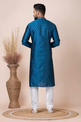 Green Solid Jacquard Kurta Set For Men