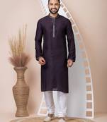 Purple Solid Jacquard Kurta Set For Men