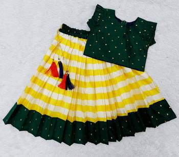 Baby Girls Yellow & Green Traditional Pattu Pavadai Jacquard Lehenga Choli for Kids 1