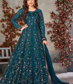 Aqua blue butterfly net embroidery designer anarkali suit