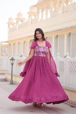 Pink colour position printed gown with crush pattern on chinnon fabric 1