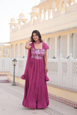 Pink colour position printed gown with crush pattern on chinnon fabric 2