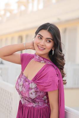 Pink colour position printed gown with crush pattern on chinnon fabric 4
