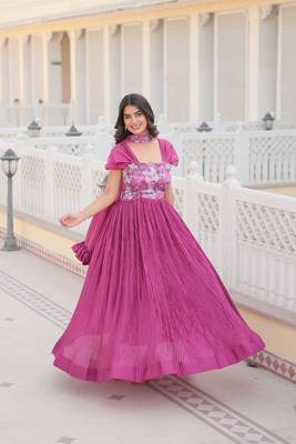 Pink colour position printed gown with crush pattern on chinnon fabric 5