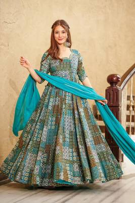 Blue colour glamorous rayon digital printed partywear gown with dupatta 1