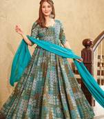 Blue colour glamorous rayon designer digital printed partywear gown with dupatta