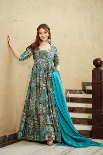 Blue colour glamorous rayon digital printed partywear gown with dupatta