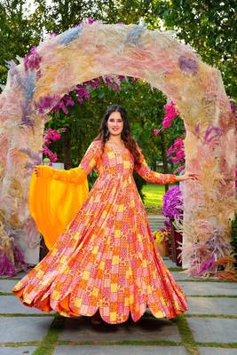 Mustard colour rayon digital printed partywear gown with dupatta 1