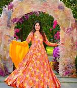 Mustard colour rayon digital printed partywear gown with dupatta