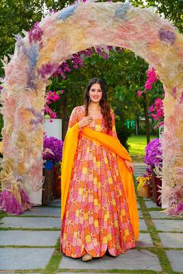 Mustard colour rayon digital printed partywear gown with dupatta 2