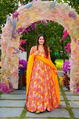 Mustard colour rayon digital printed partywear gown with dupatta