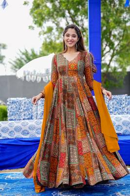 Multy colour glamorous rayon digital printed partywear gown with dupatta 1