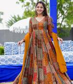 Multy colour glamorous rayon designer digital printed partywear gown with dupatta