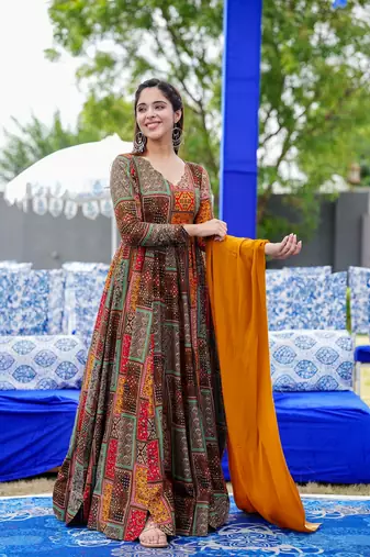 Multy colour glamorous rayon digital printed partywear gown with dupatta