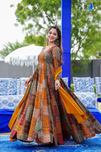 Multy colour glamorous rayon digital printed partywear gown with dupatta