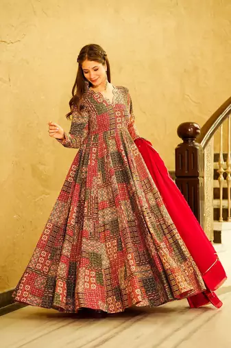 Multy colour glamorous rayon digital printed partywear gown with dupatta