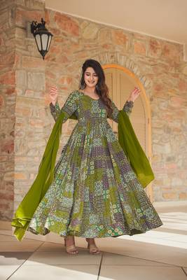 Green colour glamorous rayon digital printed partywear gown with dupatta 1