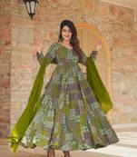 Green colour glamorous rayon designer digital printed partywear gown with dupatta