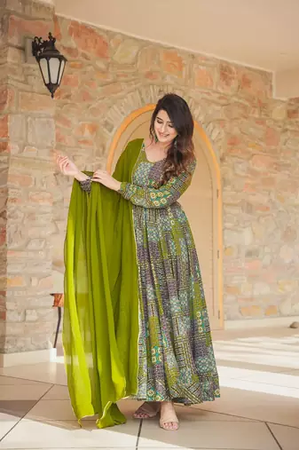 Green colour glamorous rayon digital printed partywear gown with dupatta