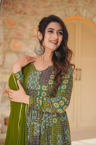 Green colour glamorous rayon digital printed partywear gown with dupatta