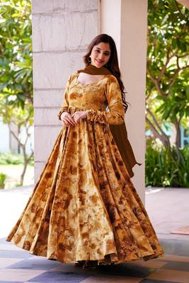 Brown colour glamorous rayon digital printed partywear gown with dupatta 1