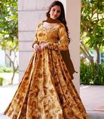 Brown colour glamorous rayon designer digital printed partywear gown with dupatta