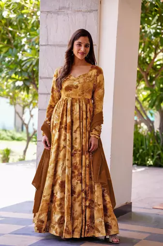 Brown colour glamorous rayon digital printed partywear gown with dupatta