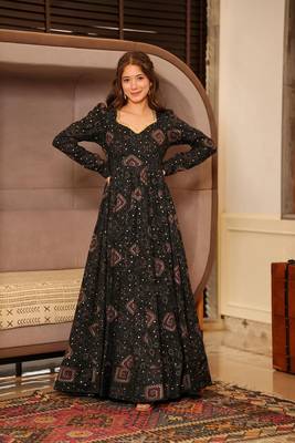 Black colour glamorous rayon digital printed partywear gown 1