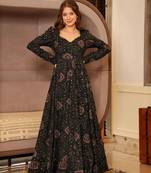 Black colour glamorous rayon designer digital printed partywear gown