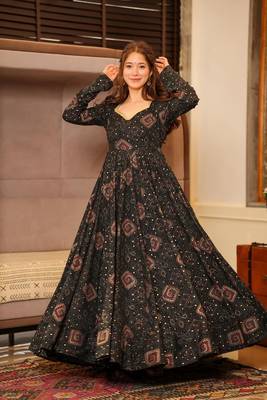 Black colour glamorous rayon digital printed partywear gown 2