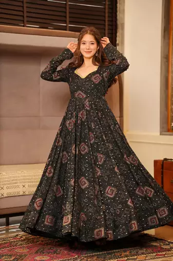 Black colour glamorous rayon digital printed partywear gown