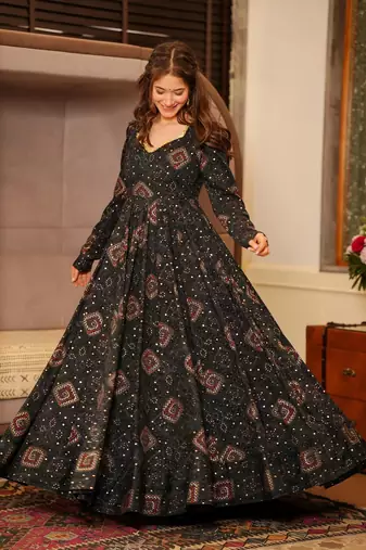Black colour glamorous rayon digital printed partywear gown