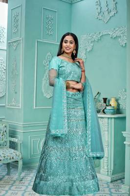 Sea Green Colour Girlish Sequins Work Partywear Lehena Set 1