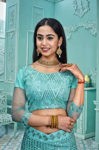 Sea Green Colour Girlish Sequins Work Partywear Lehena Set