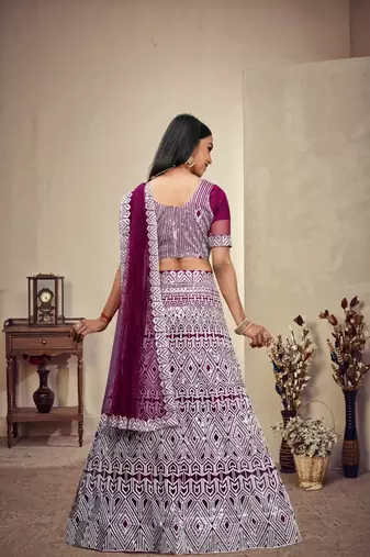 Wine Colour Ethnic Girlish Net Lehenga For Traditional Fancy Looks