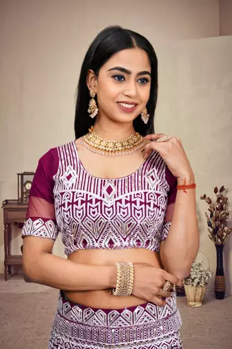 Wine Colour Ethnic Girlish Net Lehenga For Traditional Fancy Looks