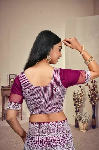 Wine Colour Ethnic Girlish Net Lehenga For Traditional Fancy Looks