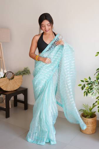 Sky Blue Ethnic Gota Patti Work Organza c Traditional Girlish Looks Saree