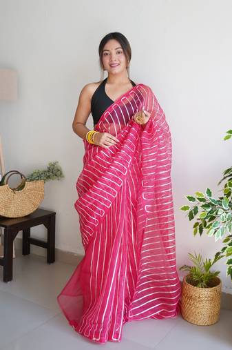 Pink Ethnic Gota Patti Work Organza c Traditional Girlish Looks Saree