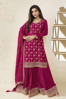 Rani colour zari woven chinnon fabric heavy partywear sharara dress 1