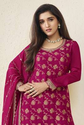 Rani colour zari woven chinnon fabric heavy partywear sharara dress 2